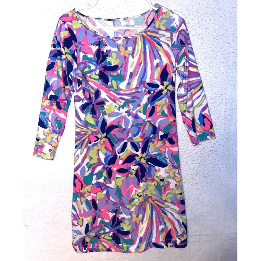 Lilly Pulitzer Dress XS Marlowe Havin A Blast 3/4 Sleeve Blue Pink 100% cotton
